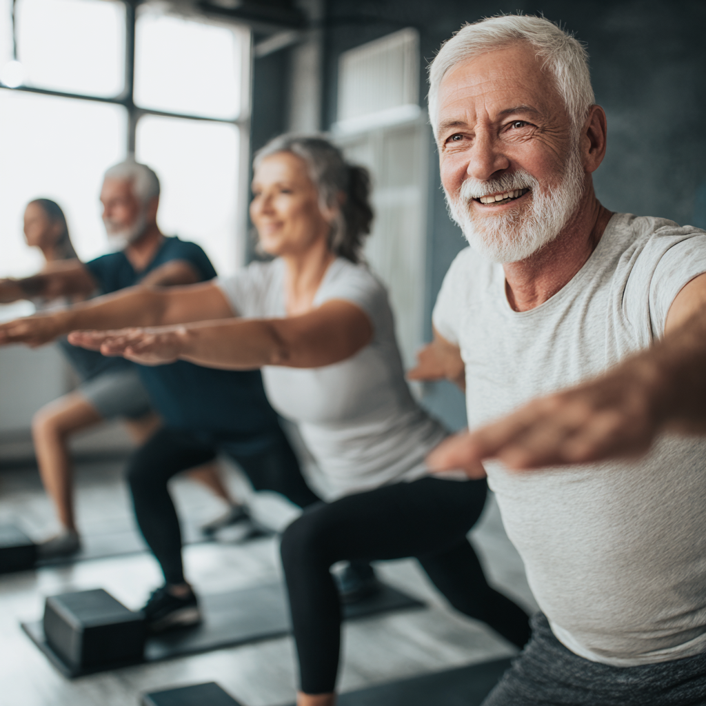 Middle-aged adults engaging in diverse fitness activities